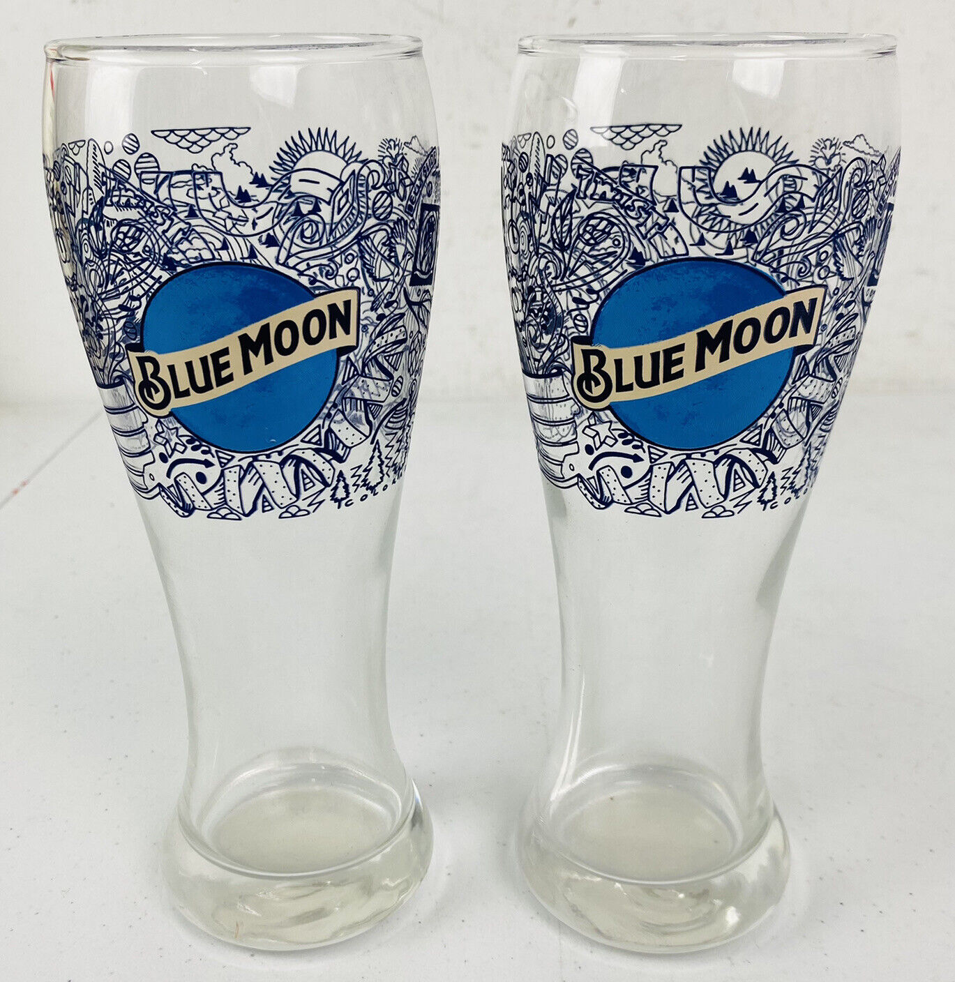 2 Vintage Blue Moon Beer Pilsner Tall Bar Glasses Denver Colorado Theme 1995 Blue Moon