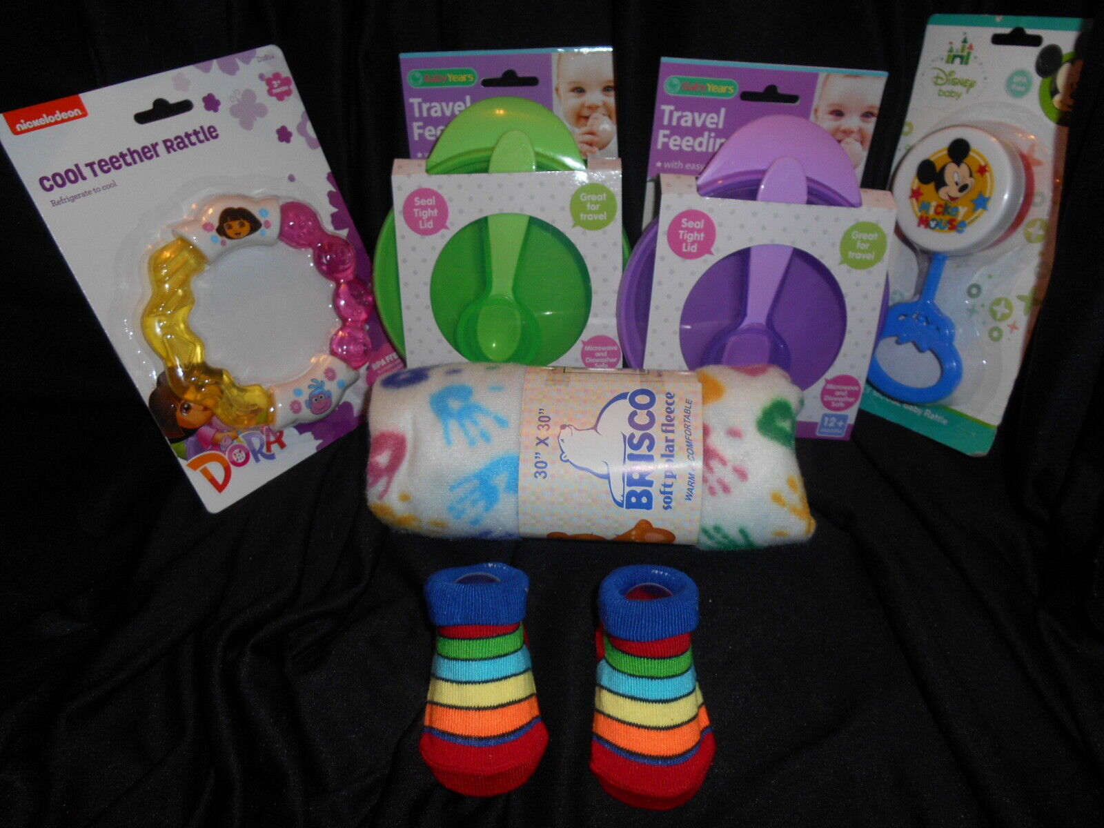 6 Piece Lot 0-12 months Baby Bundle Booties Rattle Teether Blanket Dishes Spoons Mixed Brands Does Not Apply
