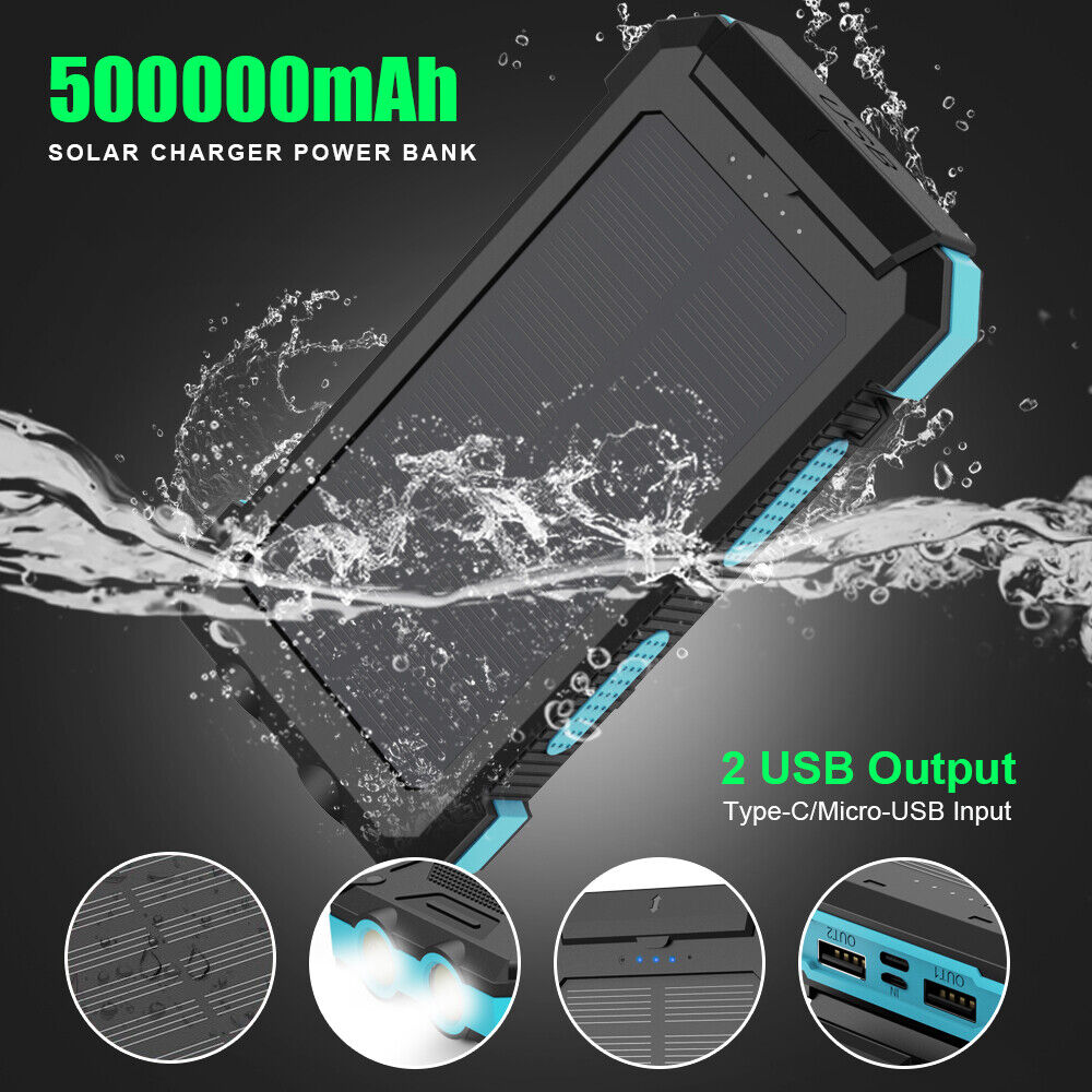 500000mAh Waterproof Solar Power Bank 2USB LED Portable Battery Charger US X-DRAGON Does Not Apply