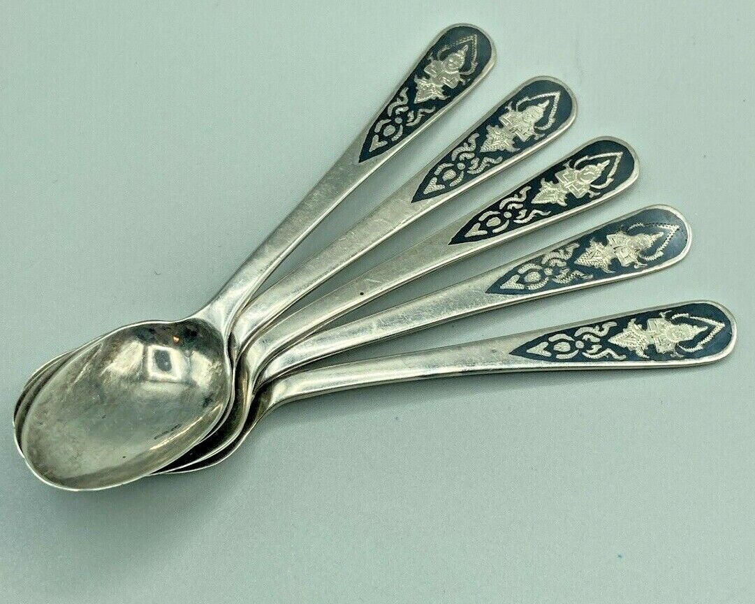 Set of 5 Sterling small spoons with Tibetan or Hindu Goddess etched on Navy Blue Без бренда