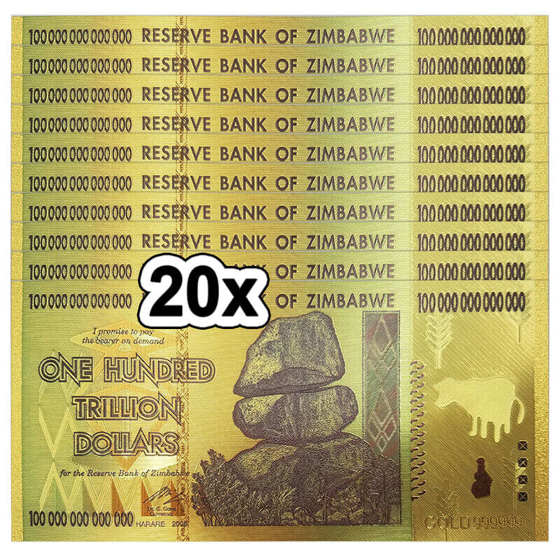 20 Pieces Zimbabwe 100 Trillion Dollar Note Golden Foil Banknote Collection Без бренда - фотография #6