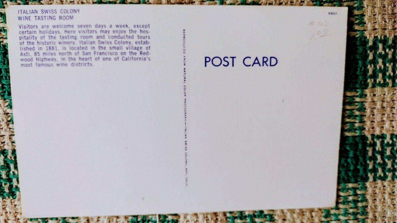 VINTAGE POST CARD ITALIAN SWISS COLONY WINE TASTING.  SAN FRANCISCO CALIFORNIA. Без бренда - фотография #2
