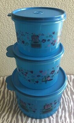 Tupperware Set of 3 Round Nesting Canisters Sheer Blue w/ Matching Seals New Tupperware