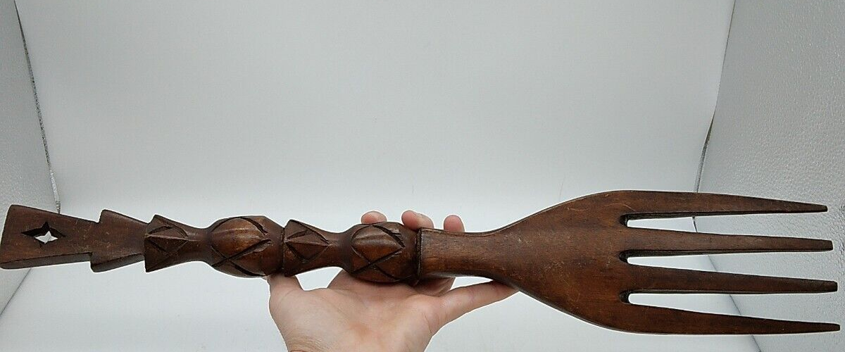 Vintage Large Carved Wooden Fork & Spoon Wall Decor 20 1/2 Inch Wood Tiki Totem Без бренда - фотография #11