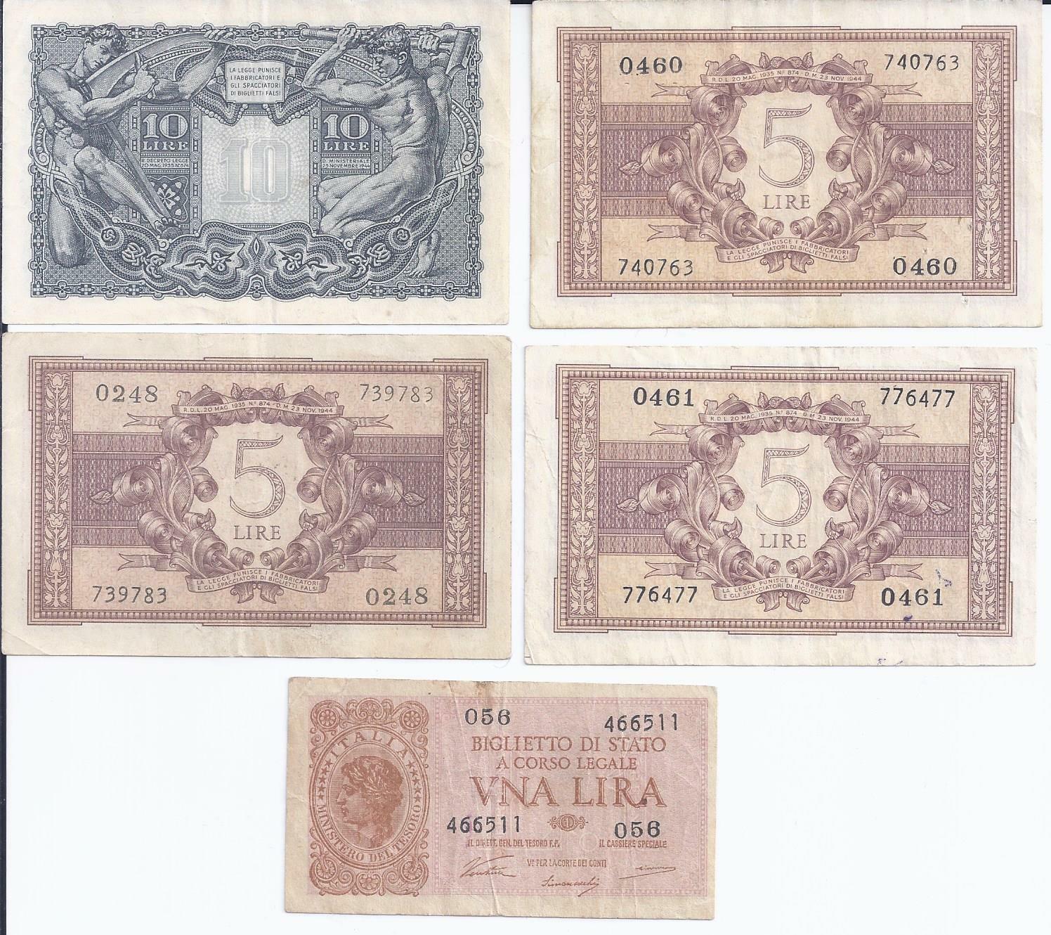 Biglietto Di Stato Banknotes 1 5 & 10 Lira Lire 1944 Very Good Circulated Italy Без бренда