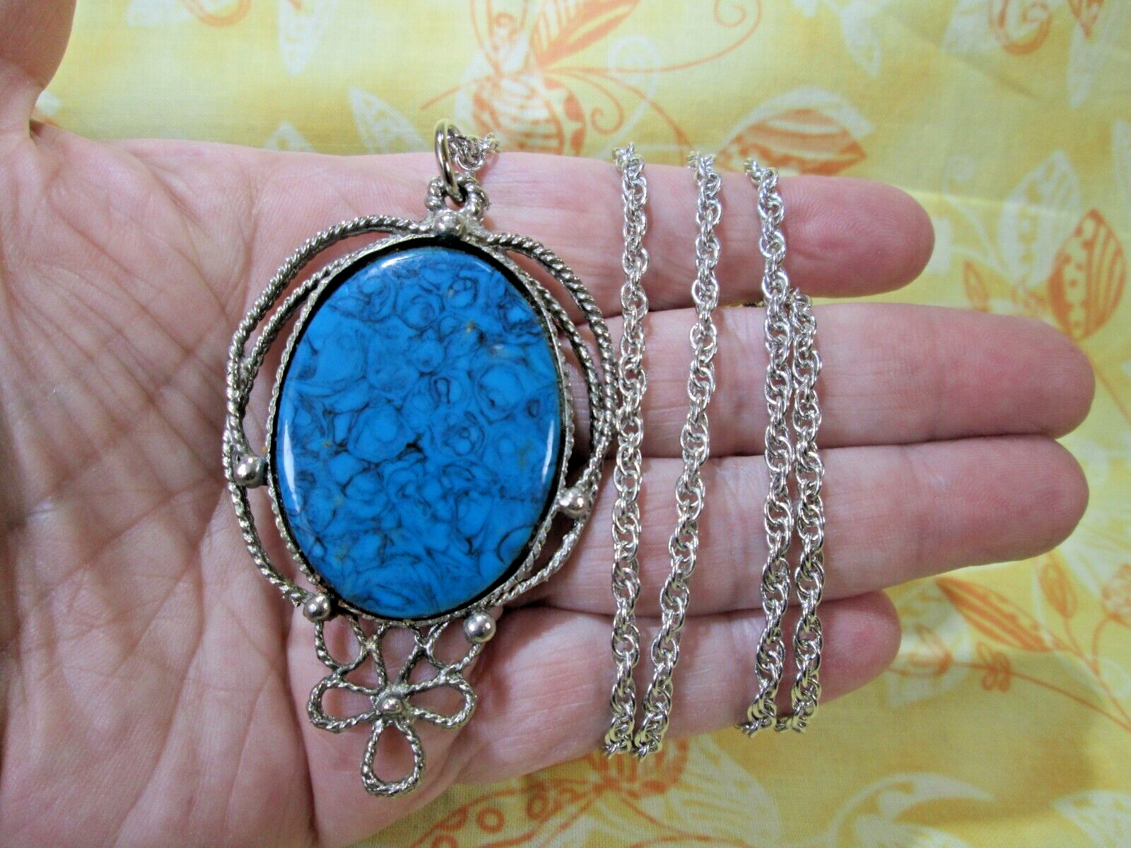 Vintage Large Blue Faux Stone Pendant w/ Silver Plated Rope Chain 28" / 1N Unbranded - фотография #6