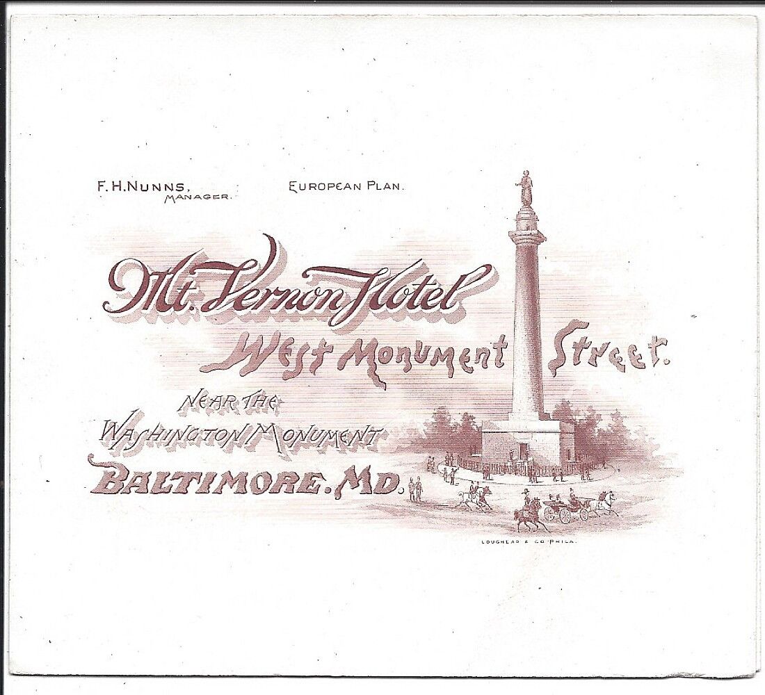 Fine 1891 Folding Adv Card, Mt. Vernon Hotel, Baltimore, MD & Turks Head Inn, MA Без бренда