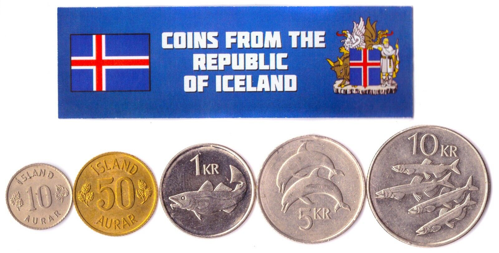 5 Icelandic Coins | Aurar Kronur | Capelin Skate Squid Shrimp Codfish Dolphins Без бренда - фотография #2