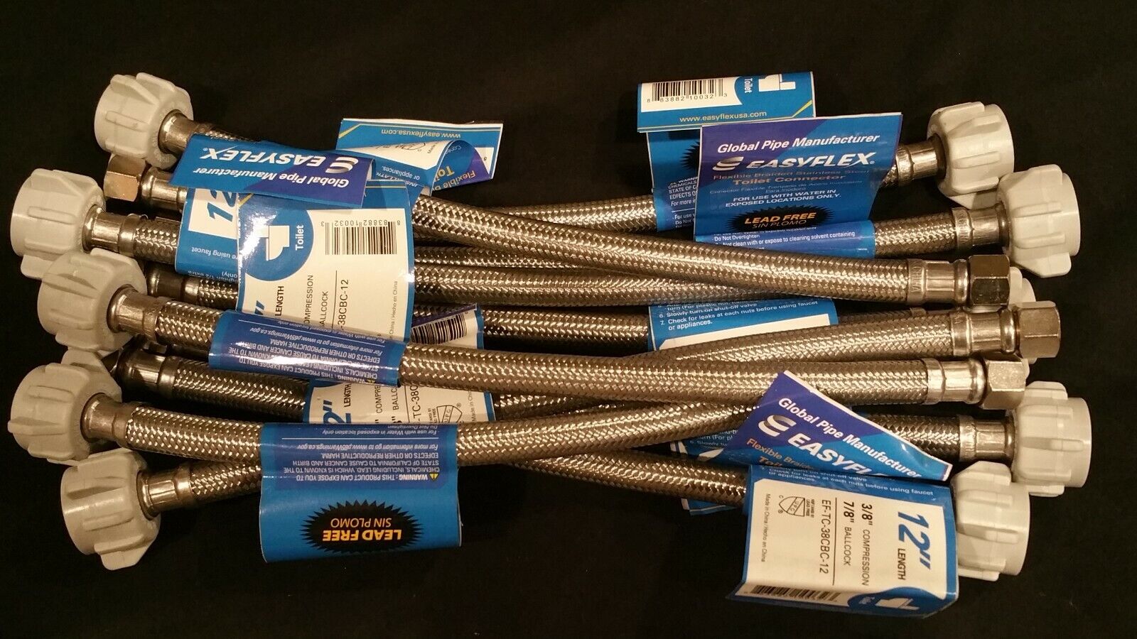 10 PACK Stainless Braided Toilet Supply Line 3/8" Compression x Ballcock x 12" Easyflex EF-TC-38CBC-12