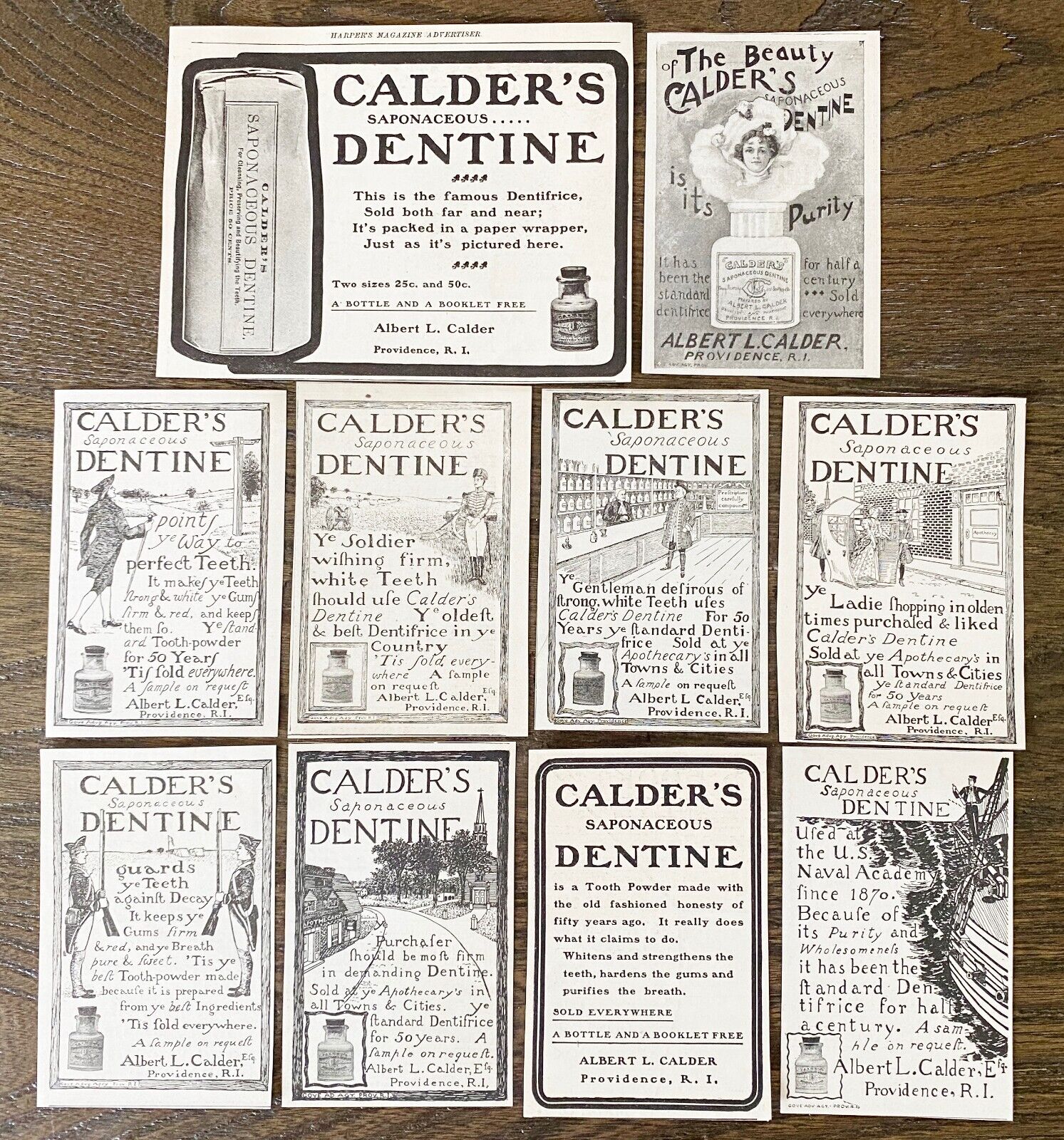 Antique 1890s CALDER'S DENTINE Tooth Powder Dentifrice Typography Print Ad Lot10 Без бренда
