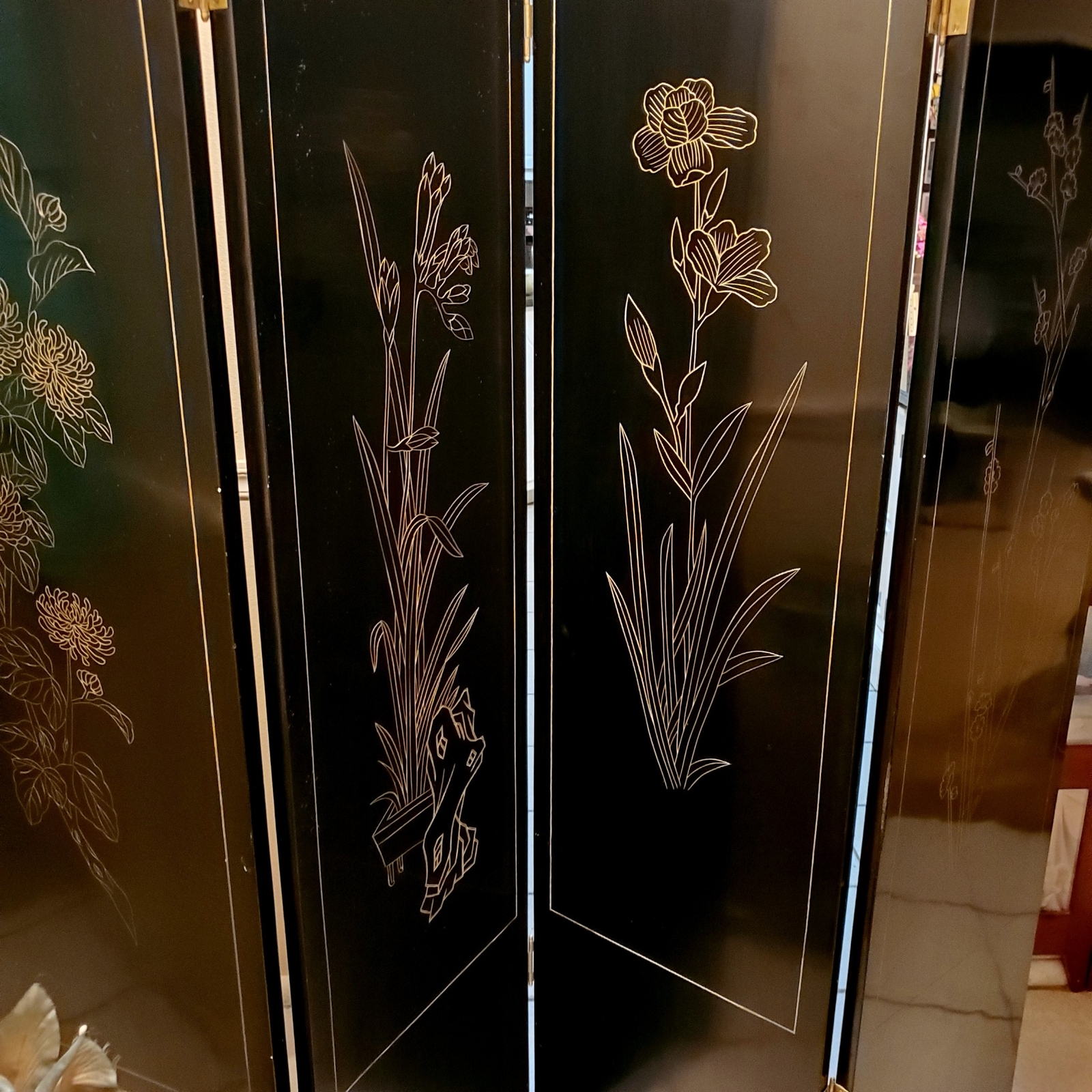Vintage Wood Folding Room Divider Screen 4 Panel Black Lacquered Chinese Asian Unbranded - фотография #11