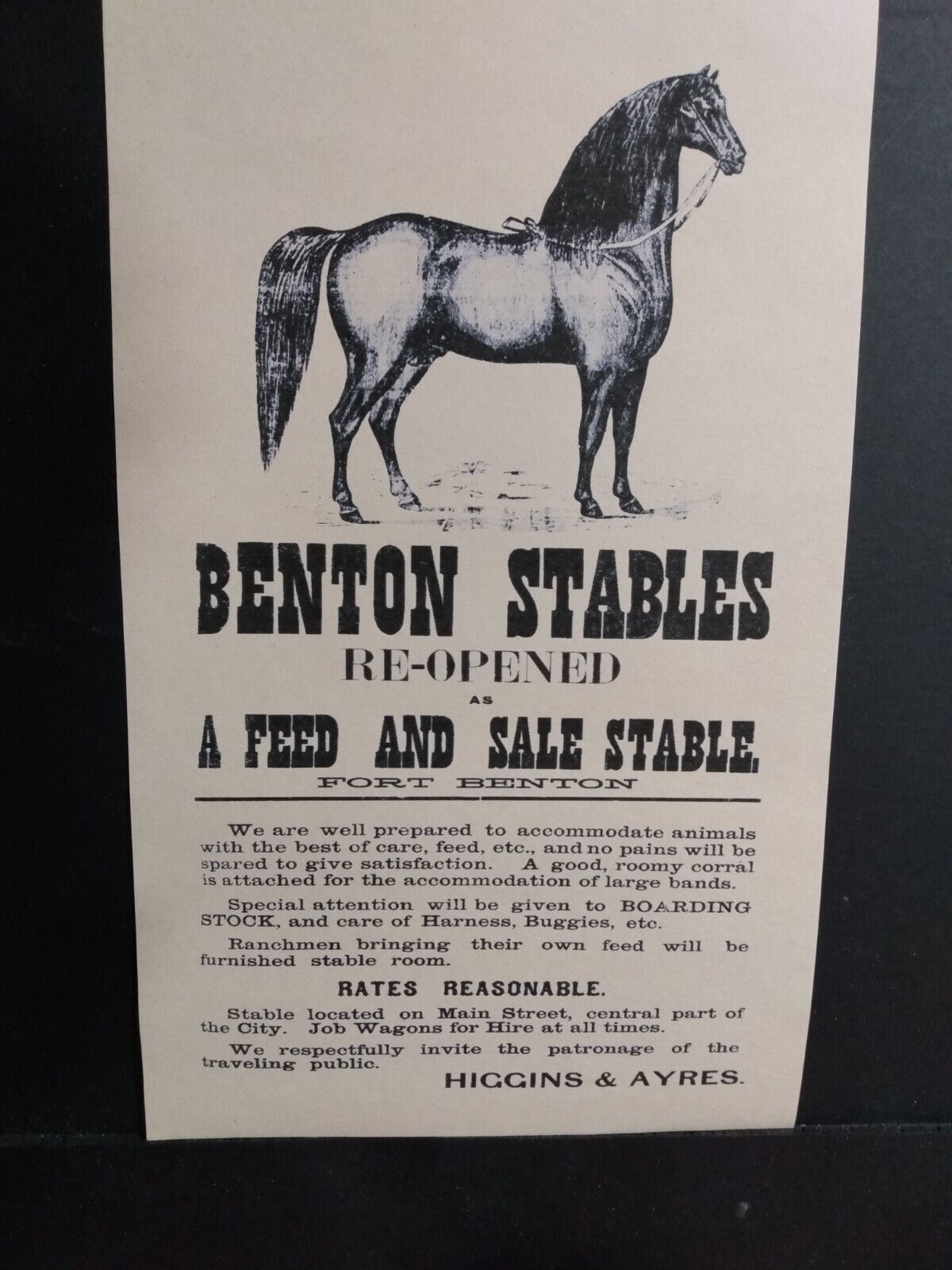 FORT BENTON MONTANA TERRITORY ADVERTISING 1880s Montana Horse Stables  Western Без бренда