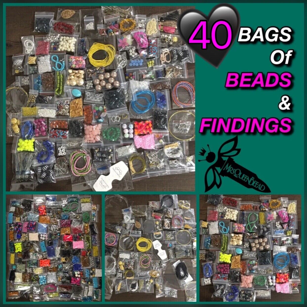 F&B👑🐝 40 Bags FINDINGS & BEADS Lot Of Jewelry Making Supplies Pendants Closure MrsQueenBeead Like Items Shown In Pics