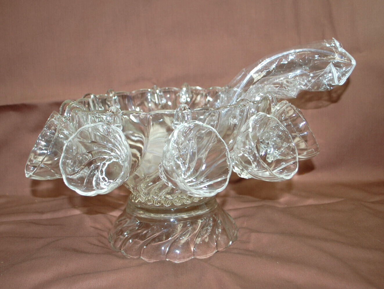 Hazel-Atlas Colonial Swirl Shell Crystal Punch Bowl,Stand,12 Cups & Ladle  T1336 Hazel Atlas