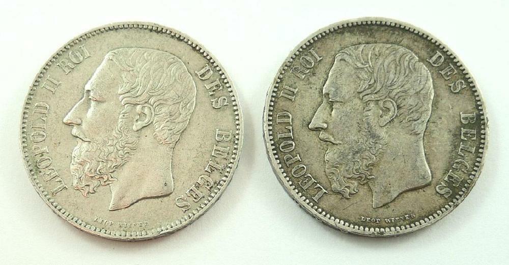 Two 1873 Belgium 5 Francs .900 Silver Coins - King Leopold II Без бренда