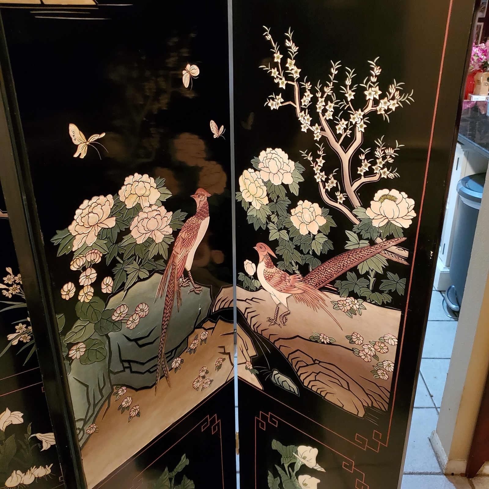 Vintage Wood Folding Room Divider Screen 4 Panel Black Lacquered Chinese Asian Unbranded - фотография #7