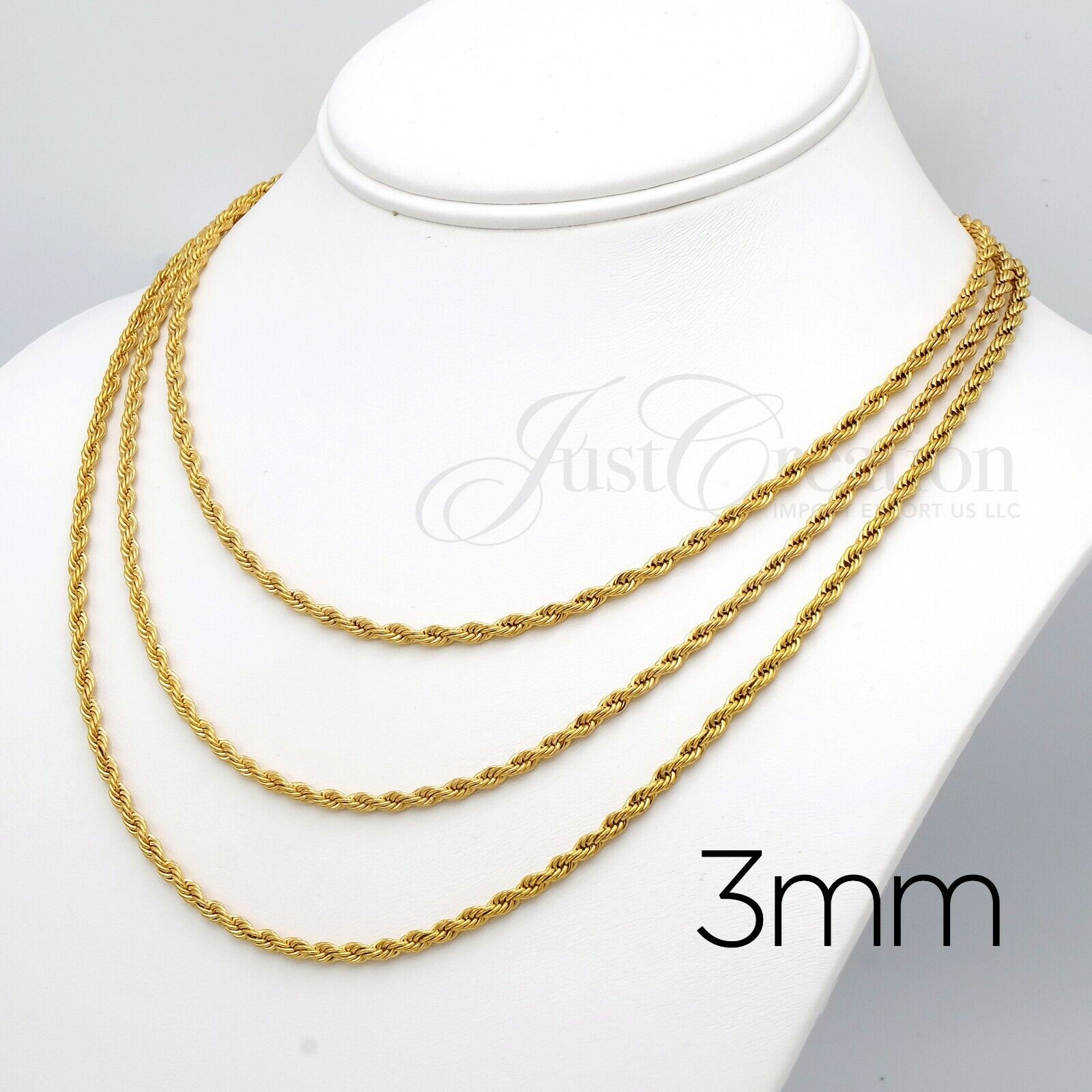 Gold Plated 18K, Stainless Steel 316L 2mm 3mm 4mm Rope Chain Necklace 14in-30in Unbranded - фотография #4