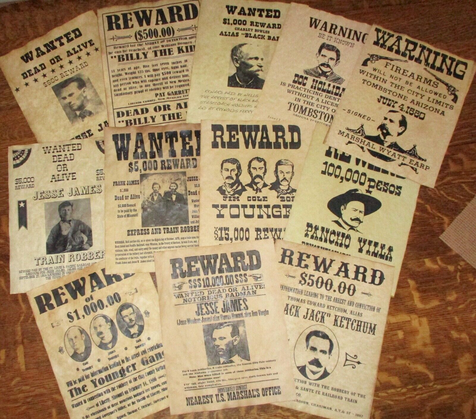 Jesse James Doc Holliday Billy the Kid The Younger Gang Old West Wanted Posters Без бренда
