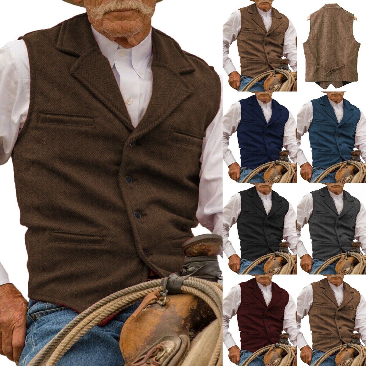 Aged Mens Vests Vintage Wesern Cowboy Mens Tweed Herringbone Vest M Large XL XXL Unbranded
