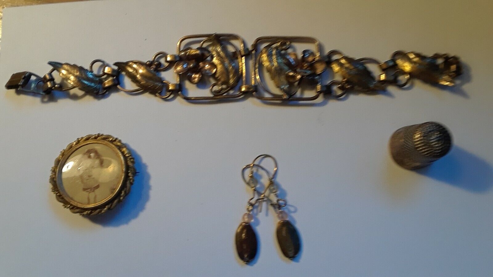 Brass Bracelet, Brass Sewing Thimble, An Old Brooch, Earrings, All Vintage Men's Wear - фотография #2