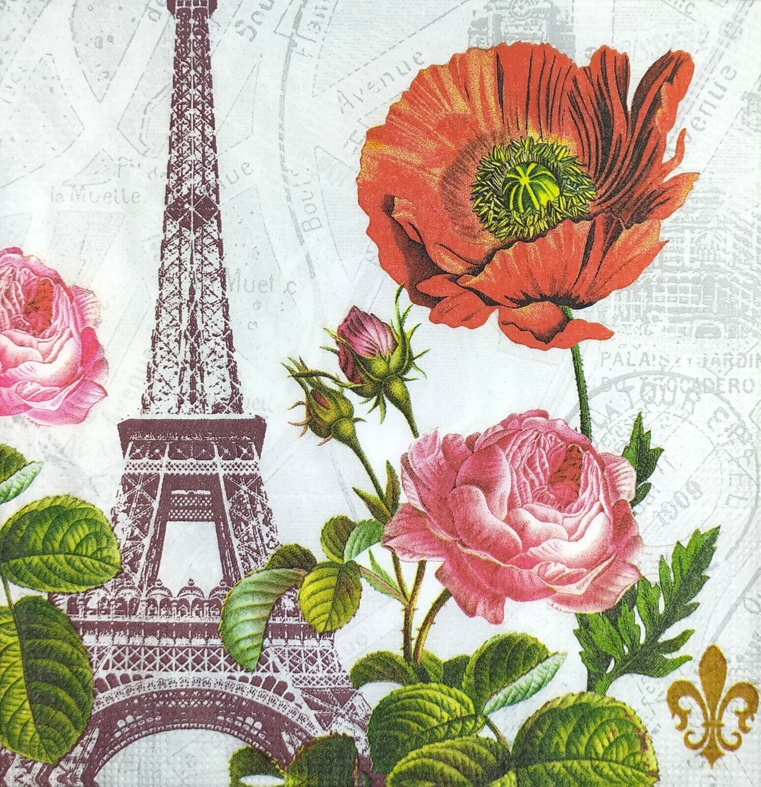 N577# 3x Single Paper Napkins Decoupage Craft Red Poppy Rose Flower Eiffel Paris PPD 1333166 - фотография #2