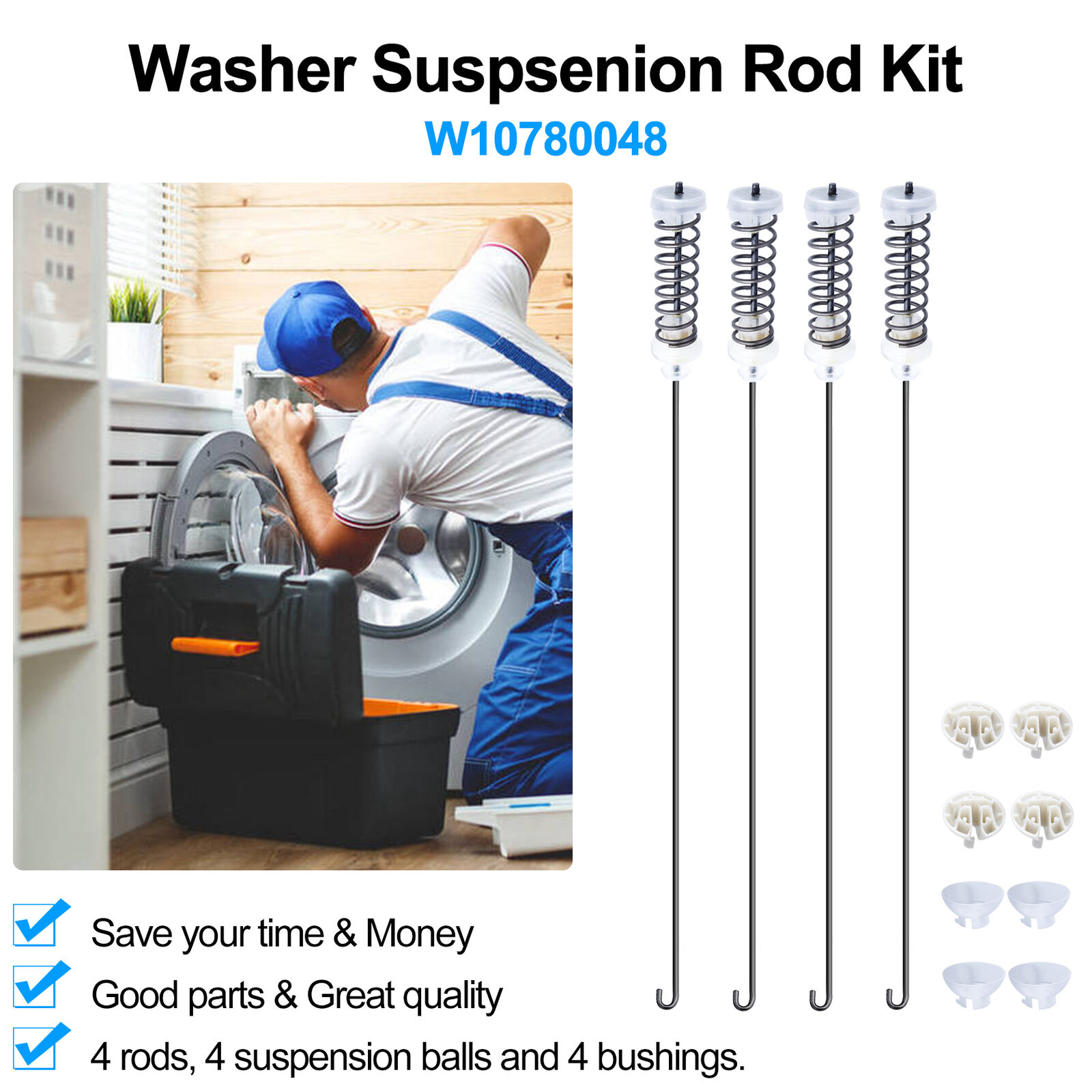 Update W10780048 Washer Suspension Rod Kit For Whirlpool Kenmore Washing Machine CarBole AP5971398, PS11703290, W10780048, W10349191, W10349193 - фотография #2