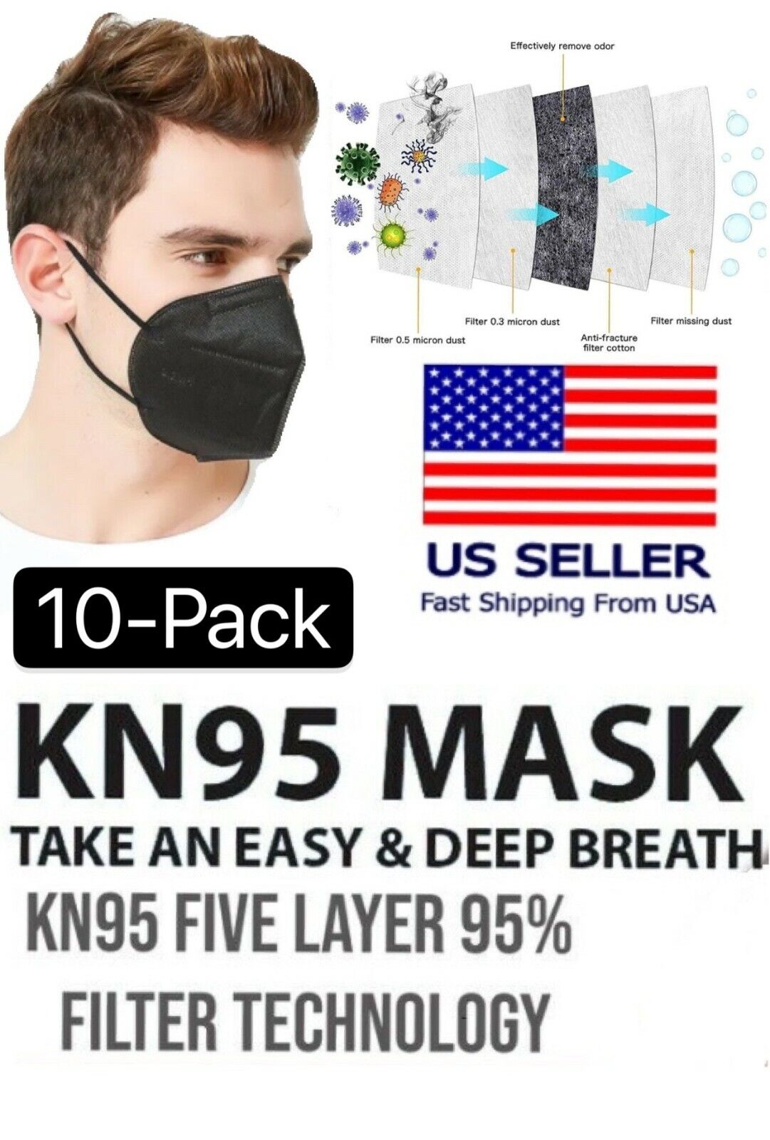 10 Pcs Black KN95 Protective 5 Layers Face Mask BFE 95% Disposable Respirator Unbranded Does Not Apply
