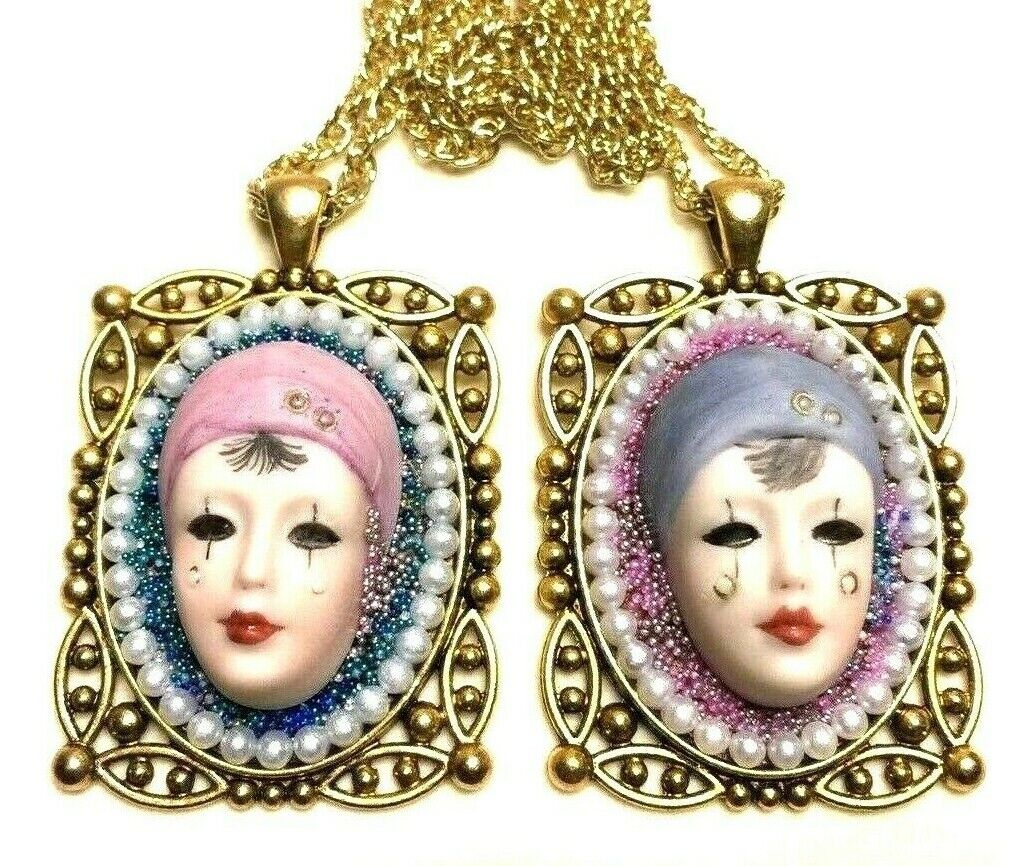 Pair of Hand-painted Porcelain Female Face Pendants LGBTQ or best friends  Handmade