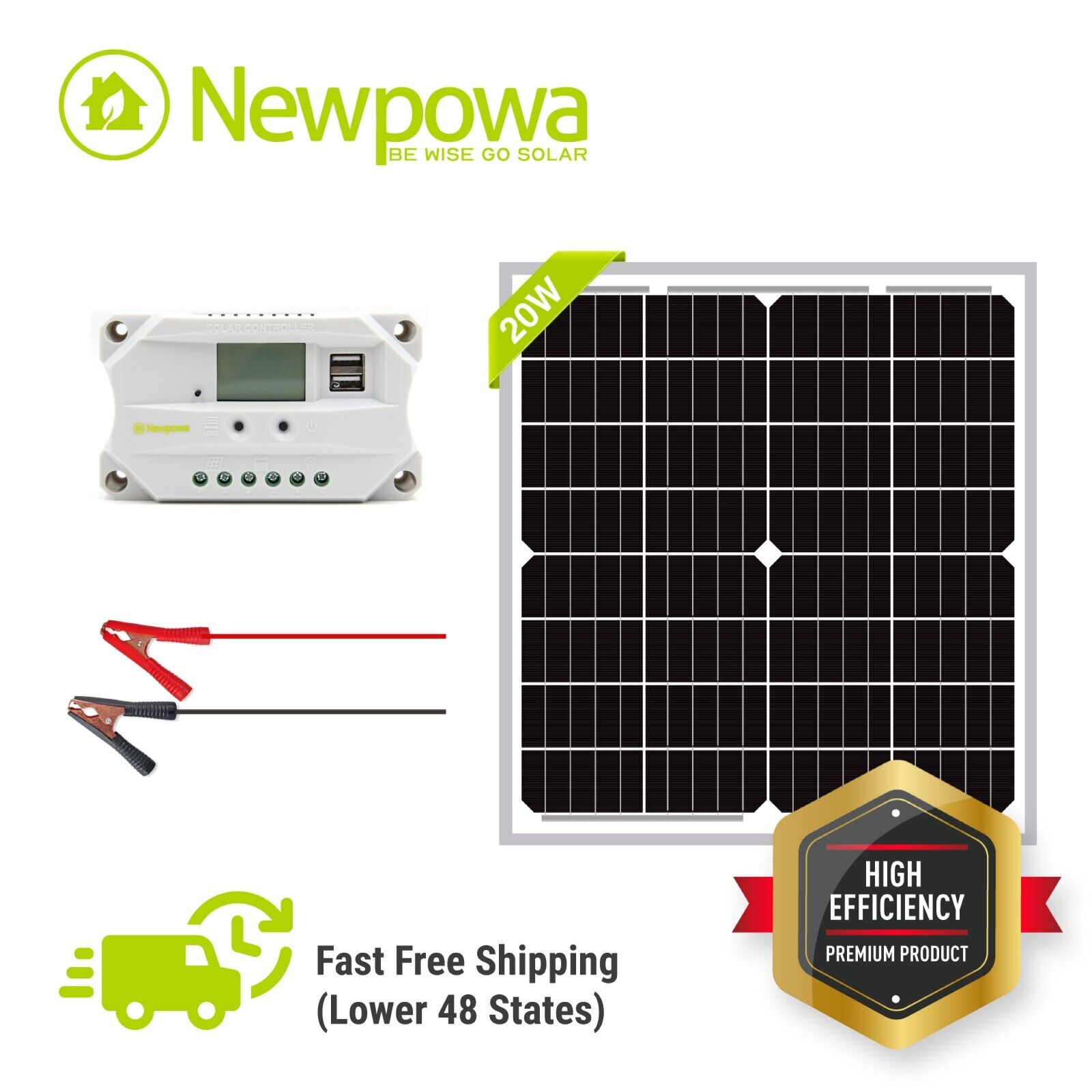 Newpowa 20W Watt 12V Solar Panel + PWM 10A Charge Controller Battery Charger Kit NEWPOWA NPA20S-12 ECOKIT