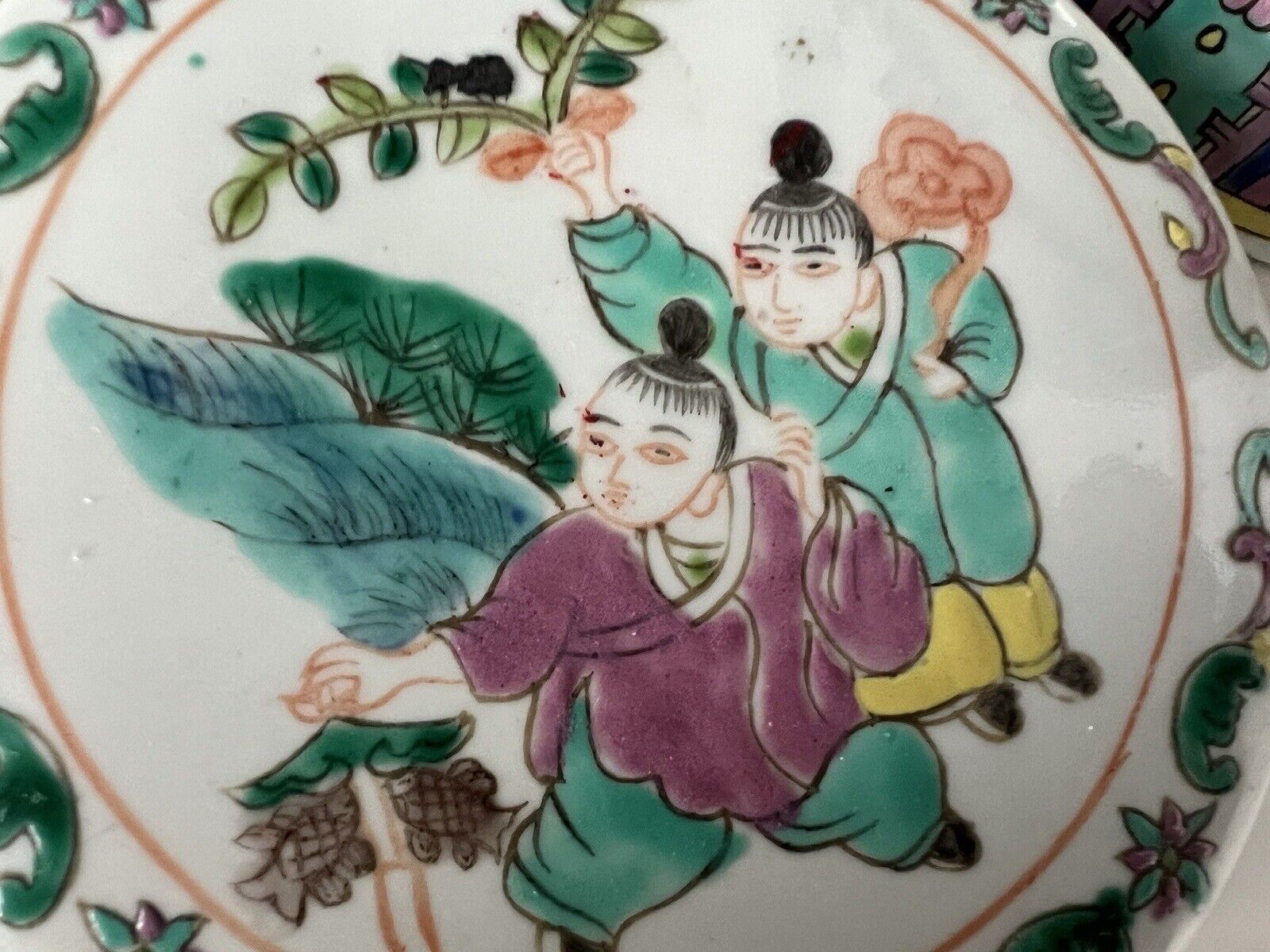 2 Antique Chinese Hand Paint Dragon Children Cylinder Hallmark Famille Jars 6" Без бренда - фотография #10