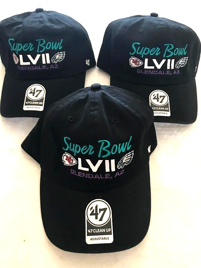 Set of 3 NFL Super Bowl LVII Chiefs Eagles Dueling Teams Caps w Adjustable Strap ’47