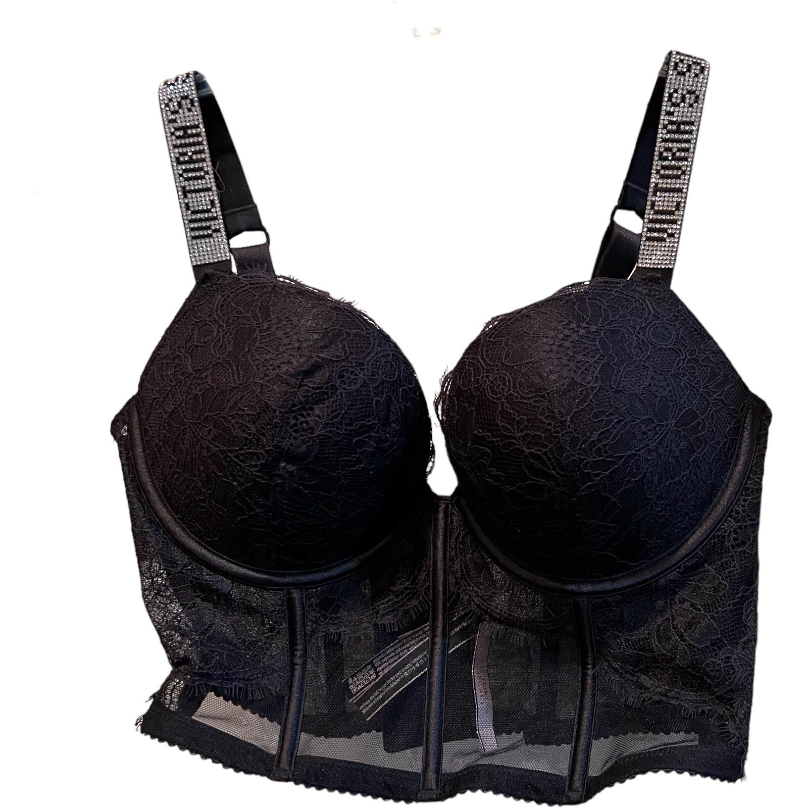 NEW Victorias Secret Long Line Bra Womens Size 36C Black Lace Push-up Rhinestone VICTORIA'S SECRET