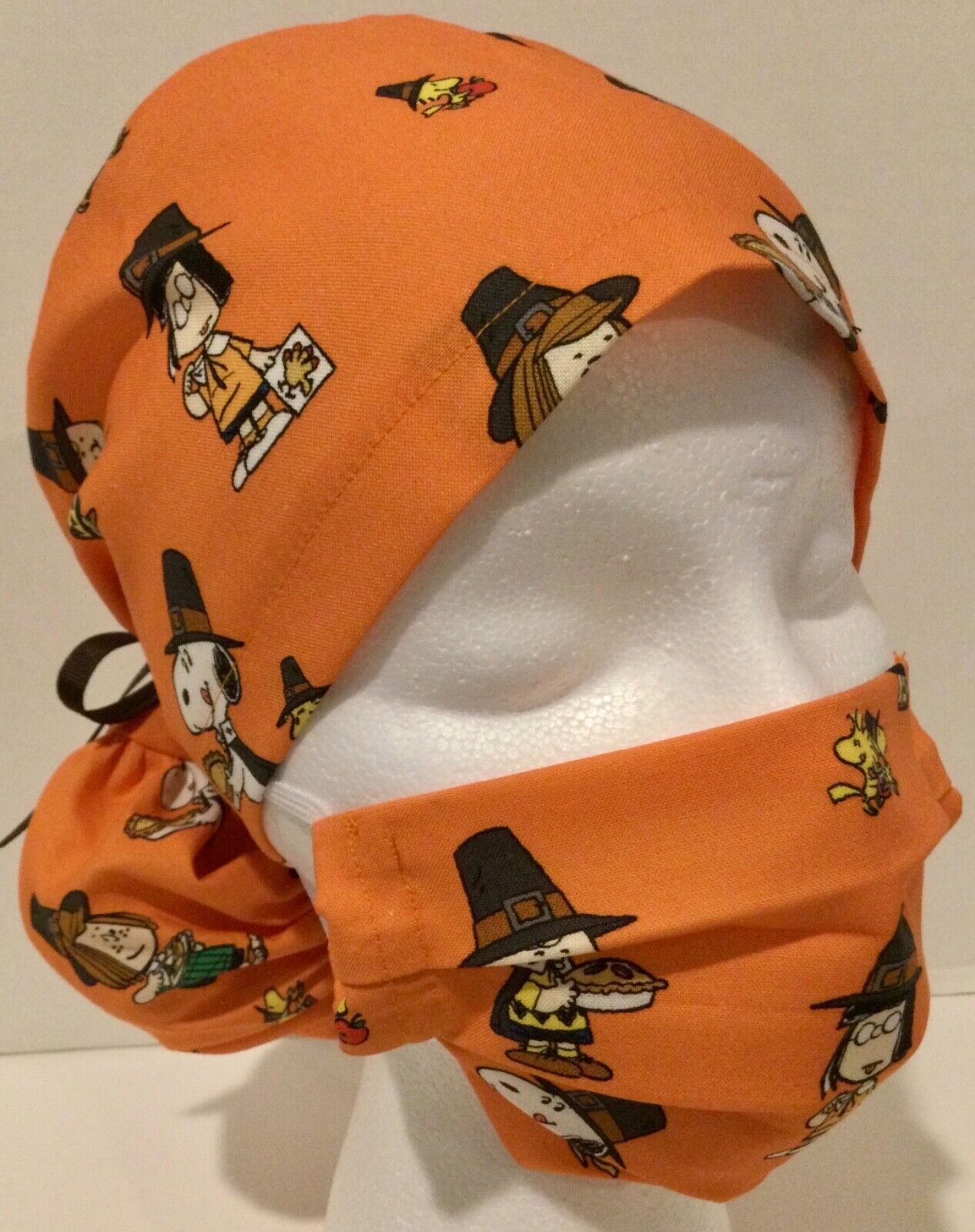 Snoopy Thanksgiving Print Medical Ponytail Pouch Scrub Cap Surgery Hat Set Handmade