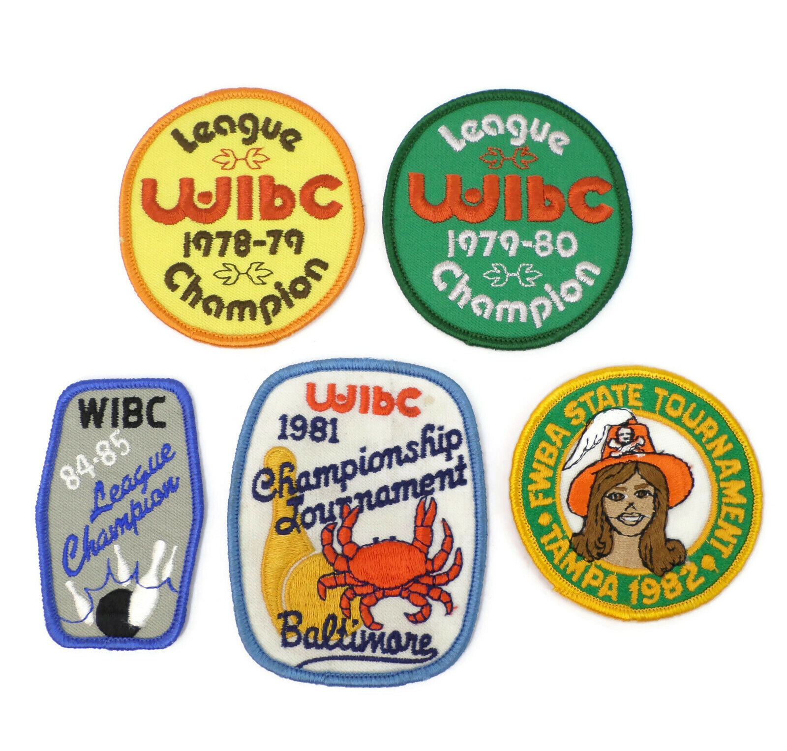 5 WIBC & FWBA Bowling Tournament Champion Patches (SOME HANDLING WEAR) WIBC / FWBA