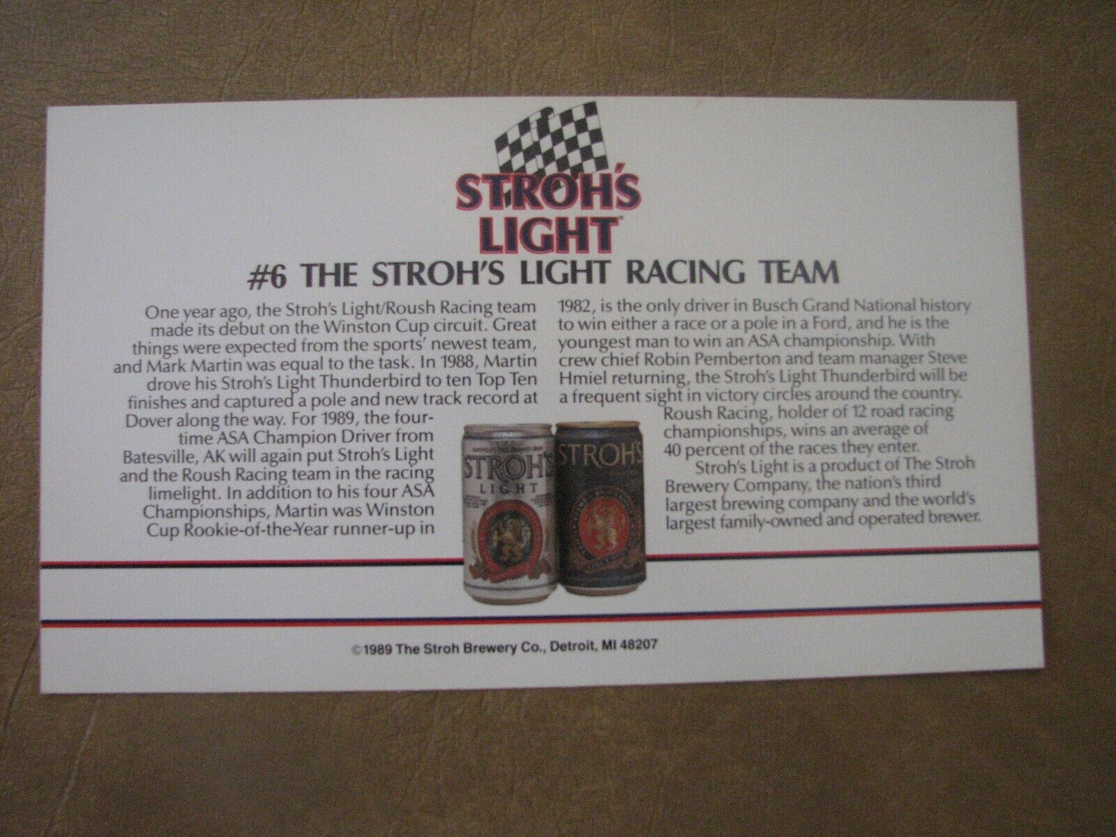 1989 Stroh's Mark Martin #6 Racing Team Photo Card 2 Sided (6 ea in a set) $5.00 Без бренда - фотография #10