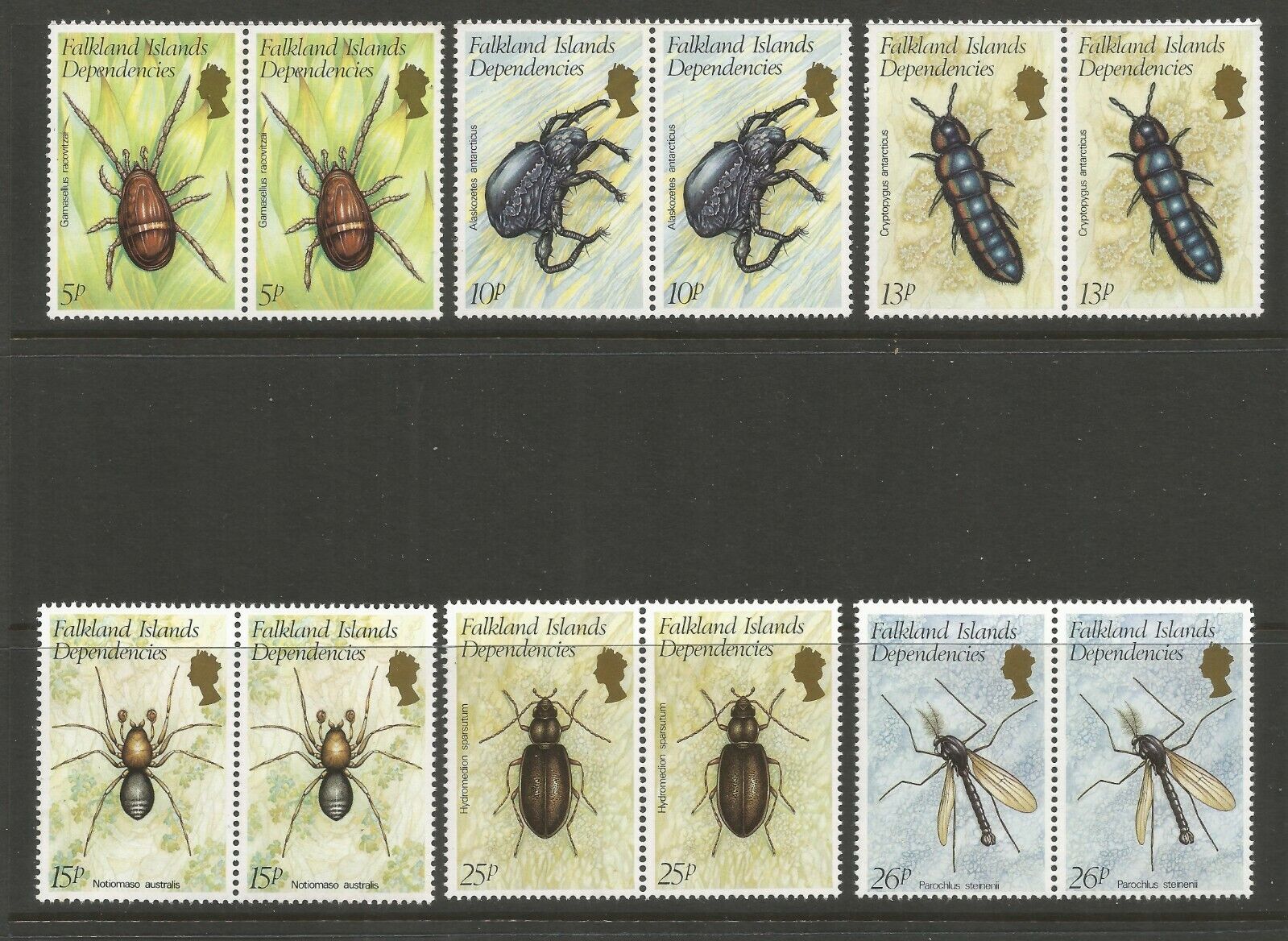 FALKLAND ISLANDS DEP', 1981 INSECTS X PAIRS (12), S.G 102-107, MNH** Без бренда