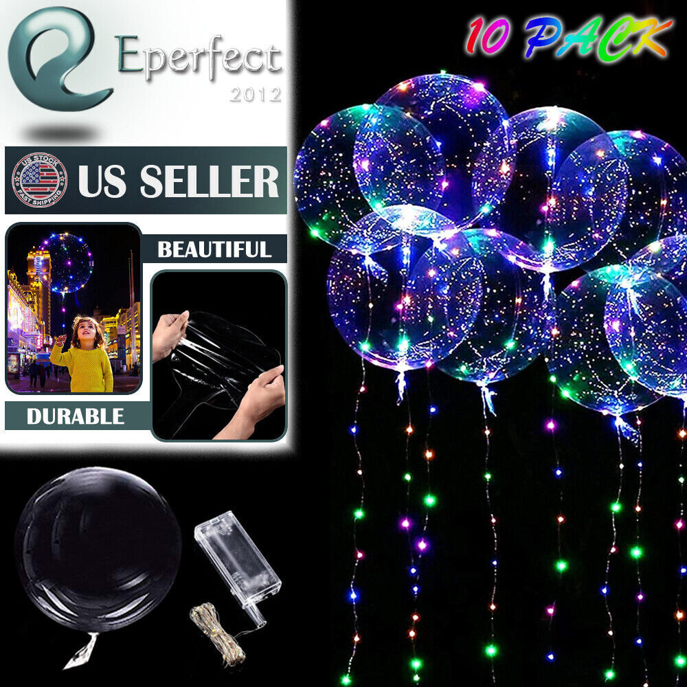 10 Pack LED Light Up BoBo Balloons 20" Party Birthday Transparent Bubble Balloon Unbranded Does Not Apply