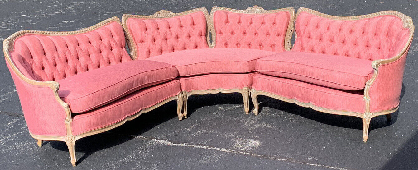 Circa 1960s French-Style Hollywood Regency Button Tufted 3-pc Sectional Settee Unbranded