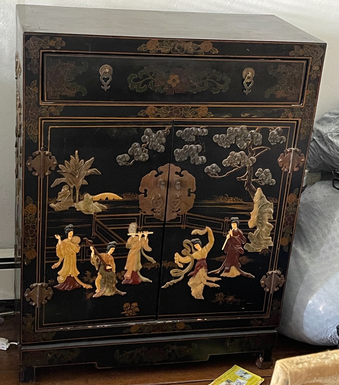 30" Antique 3D Oriental Chinese Furniture Black Lacquer Corner Cabinet Landscape Без бренда