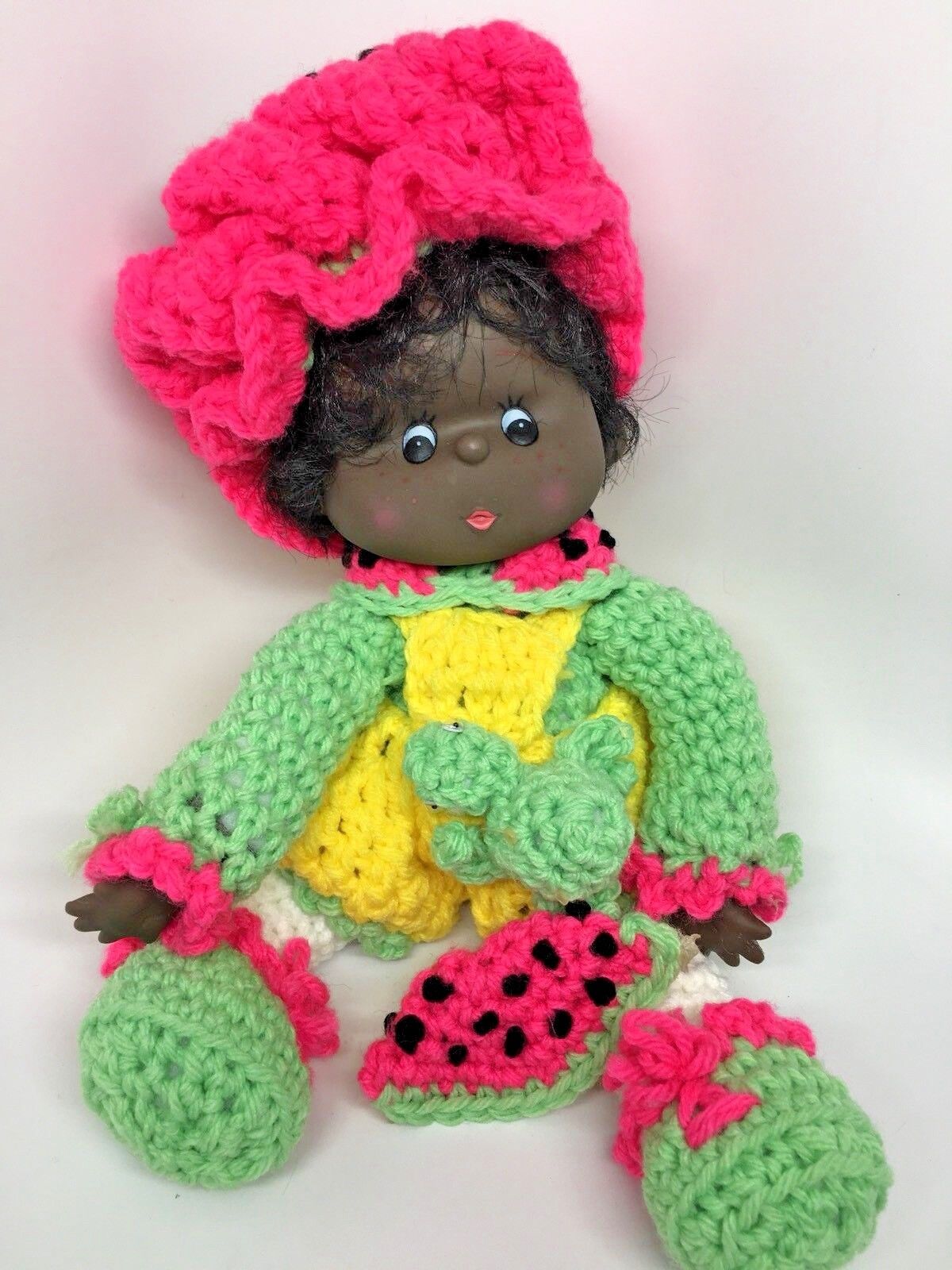 Vtg Handmade Crocheted Rubber Face African American Dolls (x2) Watermelon Ginger Без бренда - фотография #2
