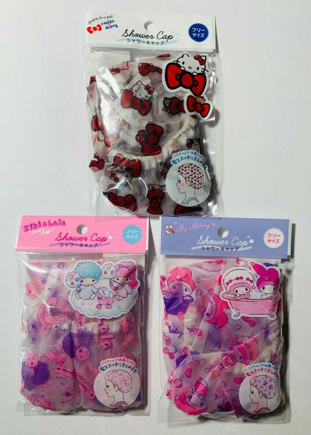 Daiso Sanrio SHOWER CAPS Hello Kitty,Melody,Twin Stars SET OF 3 -New *US Seller* Без бренда