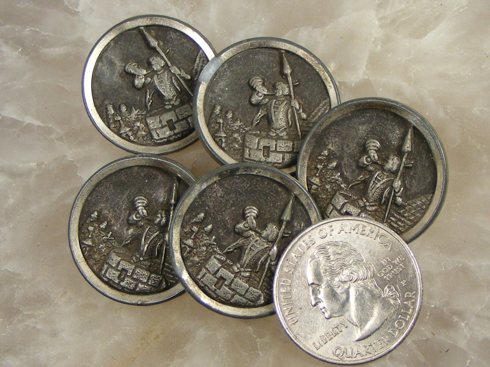Antique Brass & Pewter Coat Story Book BUTTON Lot o 5 Soldier Castle Wall Spear  Без бренда - фотография #9