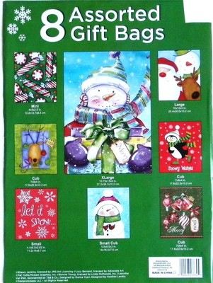 Christmas Holiday Gift Bags + Tags 8 Assorted Sizes Santa Snowman More NEW Shawn Jenkins/ JMS Art Licensing Assorted Sizes and Patterns