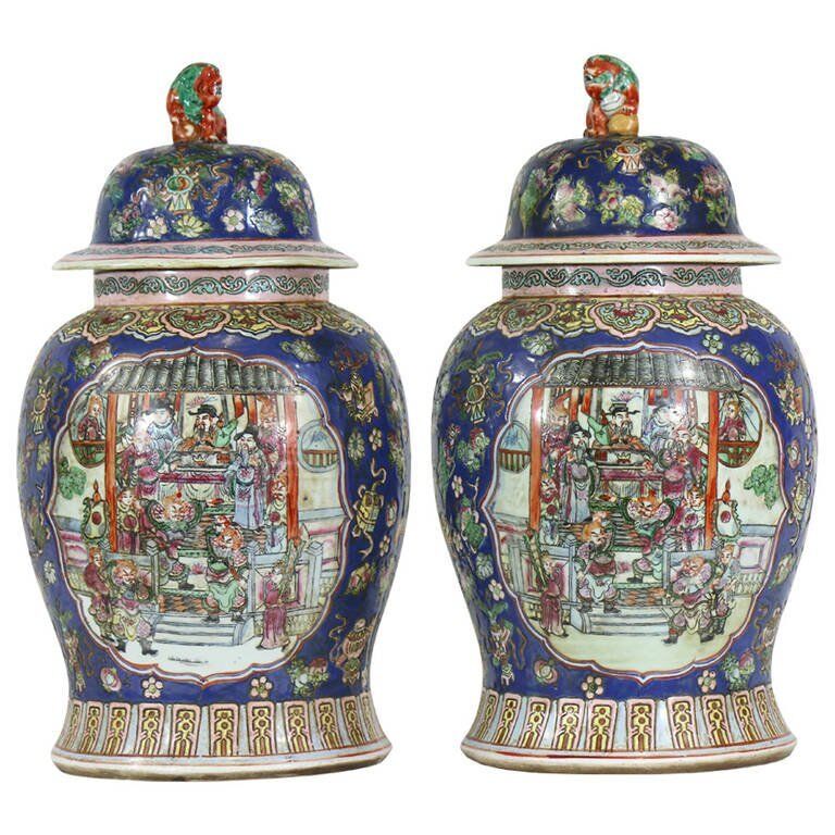 Pair of Large Chinese Porcelain Cobalt Covered Ginger Jars with Foo Dog Без бренда