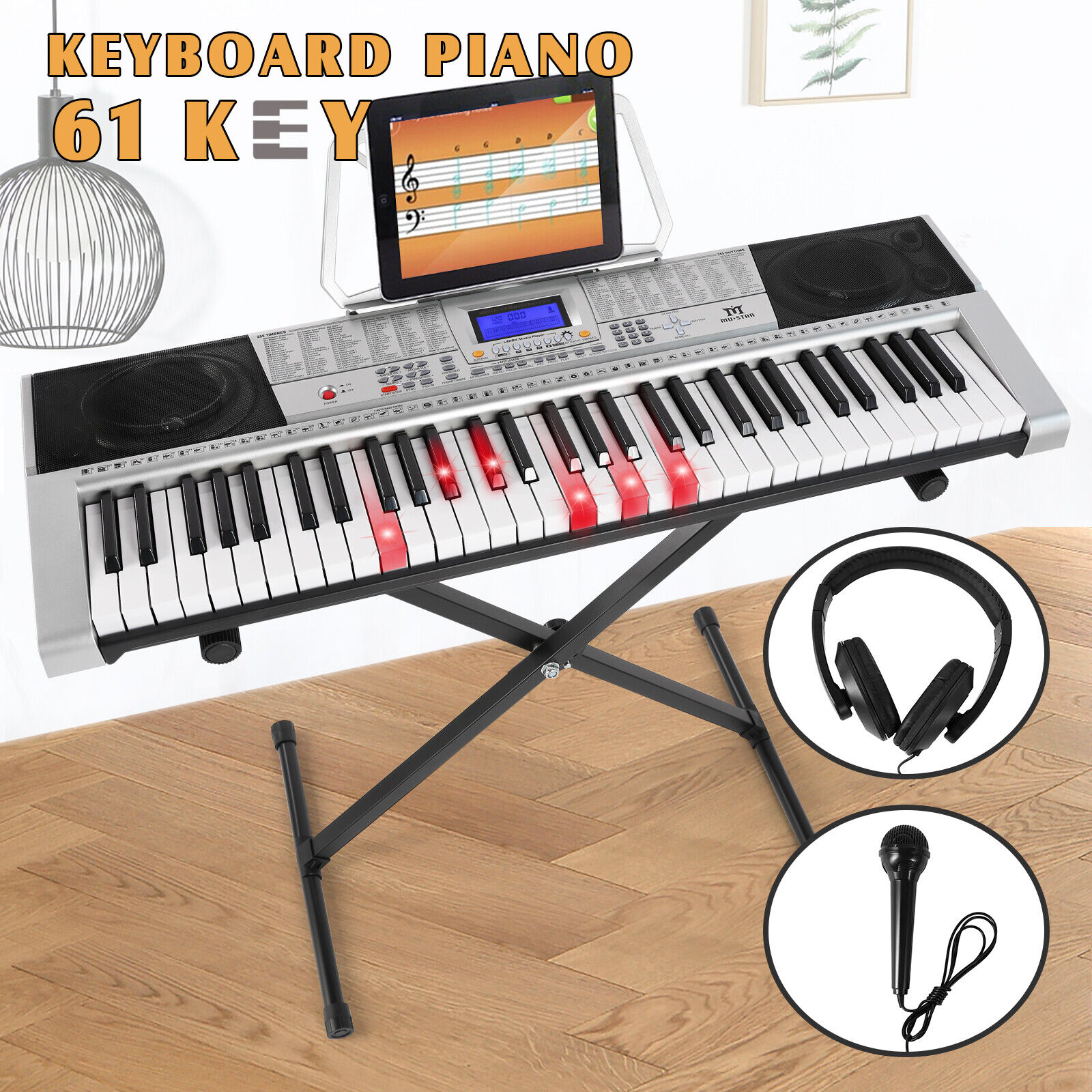 61Key Electronic Keyboard Piano Portable Digital Organ Lighted Key USB Headphone Mustar S6010400