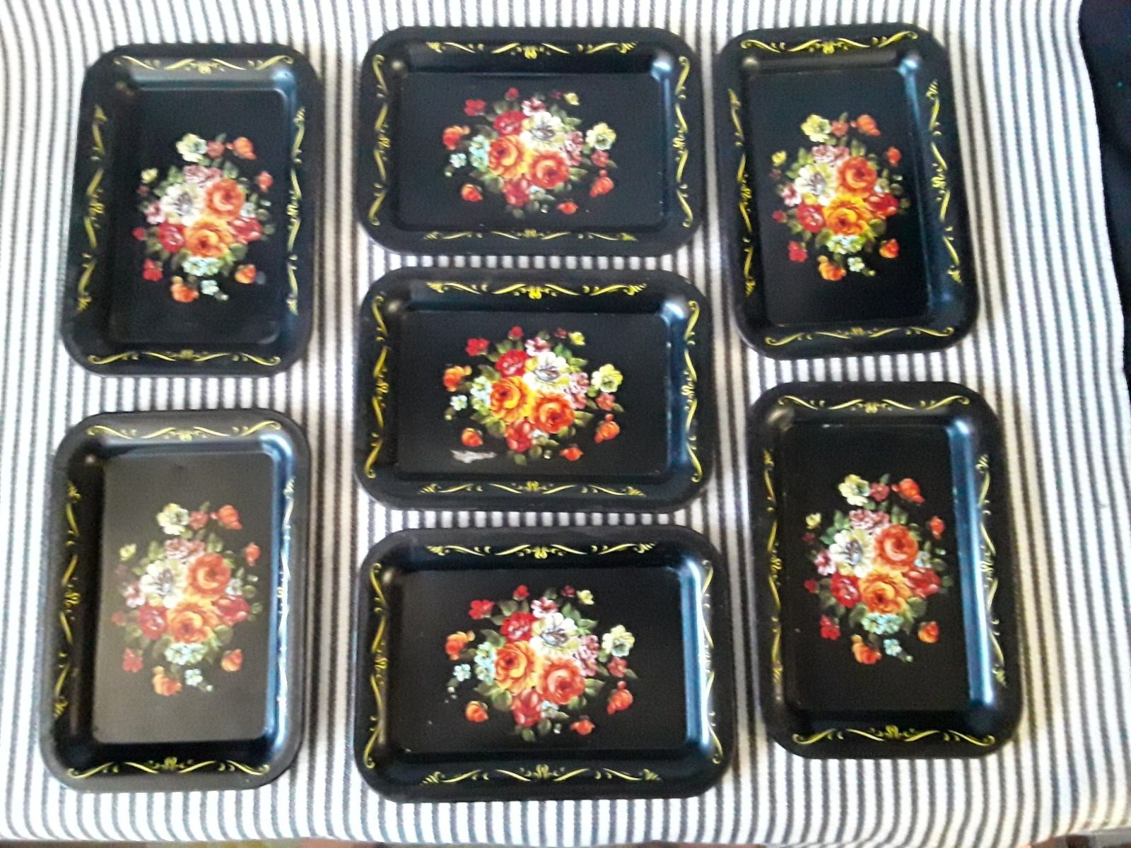 LOT OF 7 SET BLACK FLORAL TIN TOLE WARE METAL TRINKET VANITY TRAYS FLOWERS SMALL Unbranded
