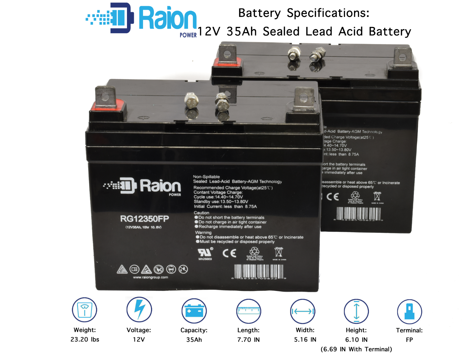 Raion 2 Pack- 12V 35Ah Pride Mobility Jet 3 Ultra Wheelchair Replacement Battery Raion Power RG12350FP