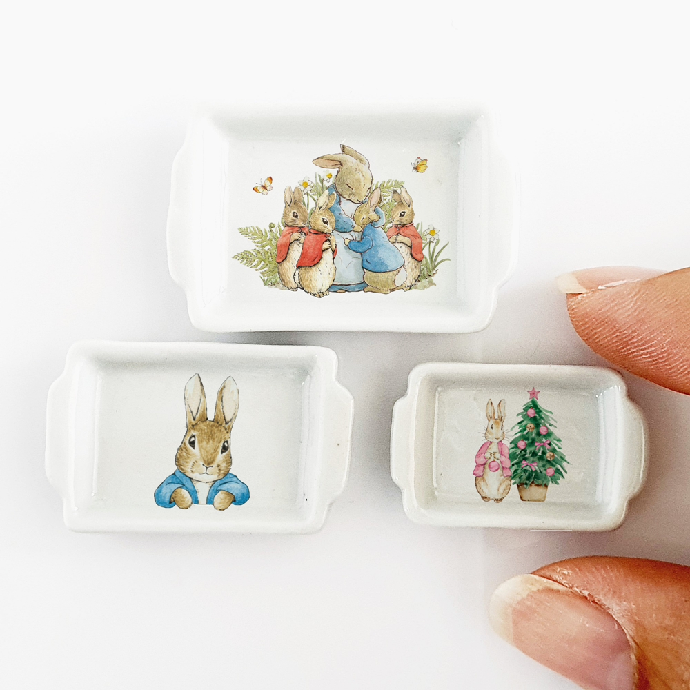 Miniatures Handmade Ceramic Tray Peter Rabbit Bunny Easter Dollhouse Decor Set 3 ThaiMiniatureStore Does not apply