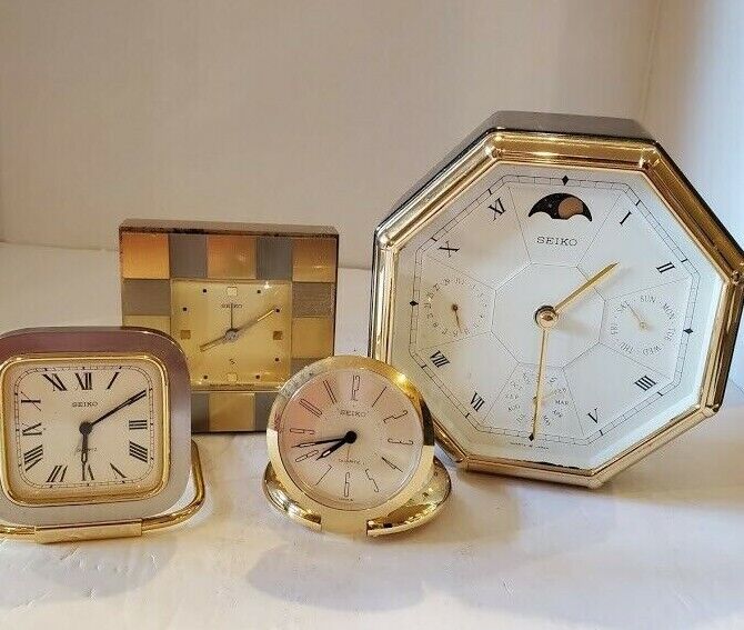 (S4) Lot of 4 Vintage Seiko clocks Moon Phase Alarm Desk Table Clock Seiko