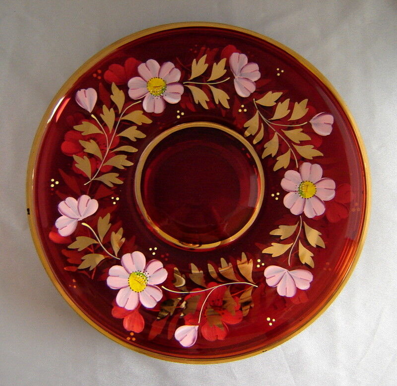 Vintage Set (4) EGERMANN Hand Painted Bohemian Red Art Glass Plates w/ 24K Gold Egermann - фотография #5